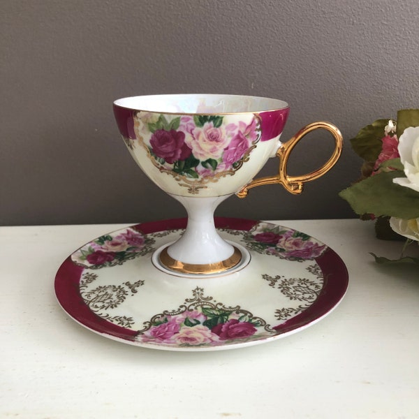 Vintage Teacup and Saucer, Lustreware,  Pink Roses, Floral, Burgundy, Pedestal Style, Shafford Japan, Fancy and Unique