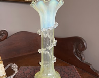 Trumpet Vase – Opalescent Ruffled Rim with Applied Spiral Rigaree, c. 1890s Stourbridge Art Glass