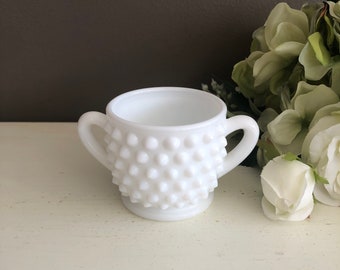 Vintage Milk Glass Hobnail Small Cup with Handles, Planter, Vase, Sugar Bowl