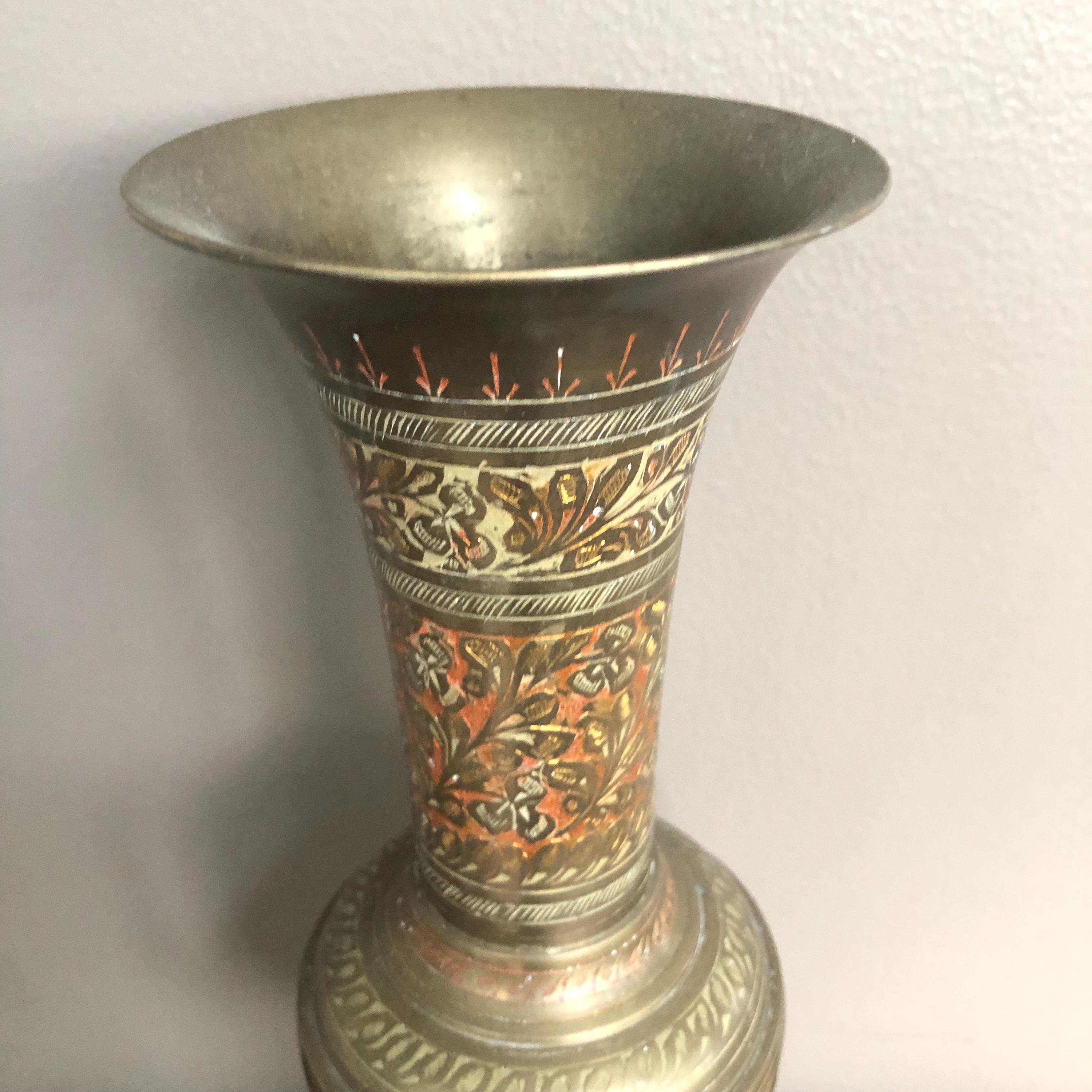 Vintage Mid Century Etched Brass Cloisonné Vase, Boho Style  Vintage Brass Floral Vase Cloisonné Style Hand Painted Boho Cottagecore Decor 🏺 main image 0