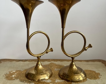 Vintage Brass Horn Candlestick Holders - Set of 2, Mid Century Solid Brass French Horn Bugle Candelabras, Boho Chic Regency Home Decor