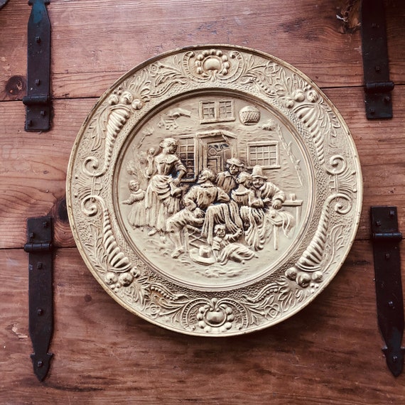 Vintage Large Brass Wall Medallion Plate, Village Scene, Pub Decor, England