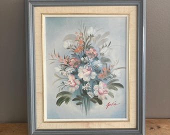 Original Vintage Oil Floral Painting, Signed, Impressionist Art, Pink Roses, Daisies Bouquet, Wood Frame, Still Life Wall Hanging, Spring