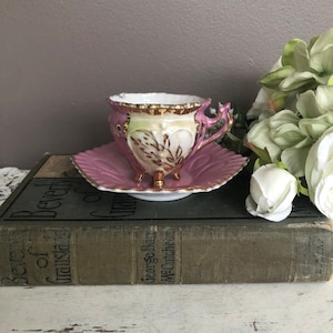 Antique / Vintage Fancy Pink Demitasse Teacup and Saucer, Pink and Gold Gilt Lustreware, Victorian Style, Porcelain, Gift for Her