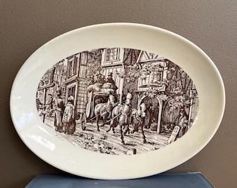 Vintage Kelston Ironstone Platter - Brown Transferware Coach Scene Serving Oval Dish - English Village, Farmhouse Kitchen Decor