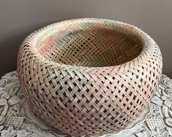 Vintage Bamboo Basket, Unique Double Walled, Large Planter, Boho Storage