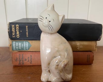 Vintage Ceramic Cat Figurine - Glossy Beige Sitting Kitten Statue, Minimalist Whimsical Cat Lover Gift,  Feline Shelf Decor, Studio Pottery
