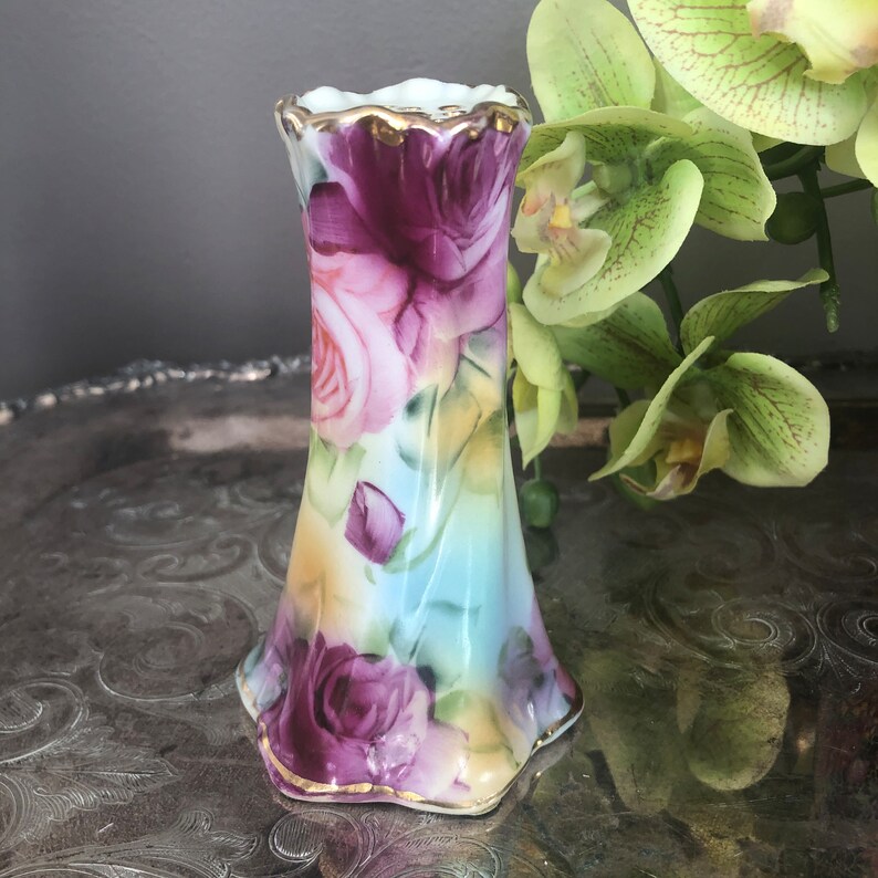 Antique Nippon Hat Pin Holder Vase 1900s Handpainted Roses Etsy