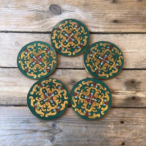 Vintage Florentine Style Reverse Glass Painted Coasters, Gold Gilt Set, Lot of 5, Mid Century Hollywood Regency Decor