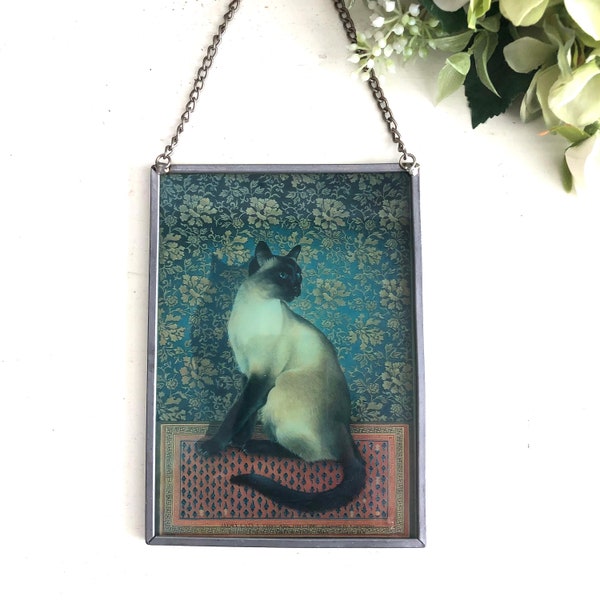 Vitrail vintage, art de chat siamois, suspendus, chats ivoire par Leslie Anne Ivoire, coloré, rectangulaire, attrape-soleil, cadeau pour amoureux des chats