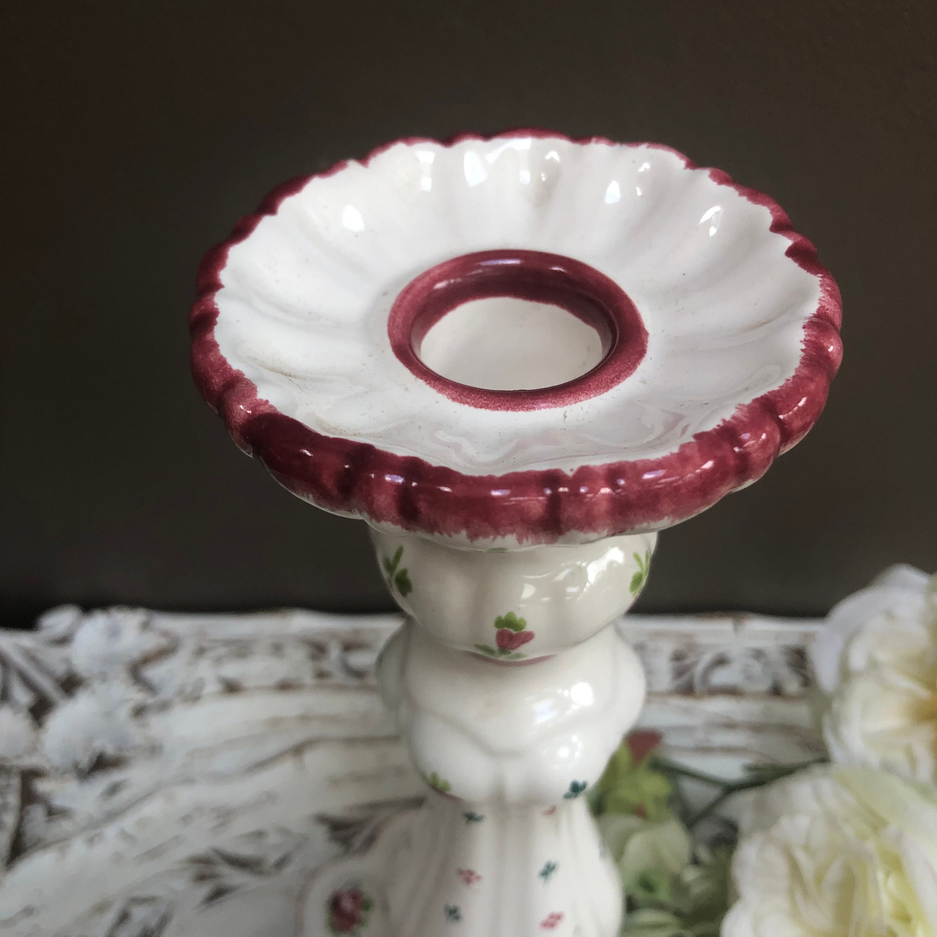 Vintage Fancy Ceramic Floral Candle Stick, Pink Roses Vintage Fancy Ceramic Floral Candle Stick, Pink Roses