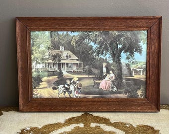 Framed Vintage Currier & Ives Print, The Pleasures of the Country Sweet Home, Rustic Oak Wood Framed Wall Art, Farmhouse Decor
