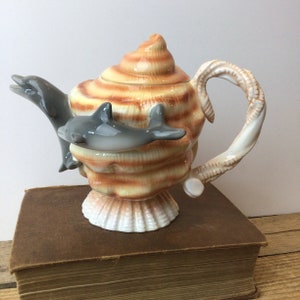 Vintage Novelty Teapot, Dolphins Conch Seashell, Beach Ocean Decor, Porcelain