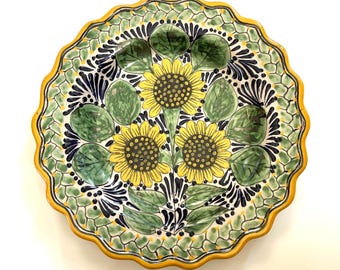 Mexican Talavera Sunflower Serving Platter | Hand-Painted Ceramic Charger Plate | Signed Talavera Hernandez Puebla Mexico