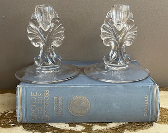 Vintage W.J. Hughes Corn Flower Candlesticks, New Martinsville "Janice", 1940s Elegant Glass Taper Candle Holders, Depression Glass