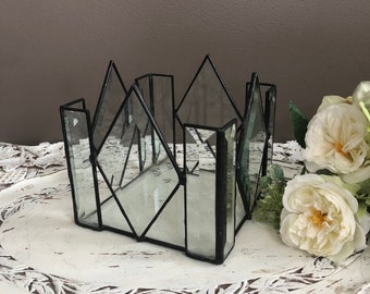 Vintage Crown Geometric Leaded Glass, Clear Stained Glass Planter, Box, Terrarium, Candle Holder, Art Glass, Ornate, Beveled, Gift Idea