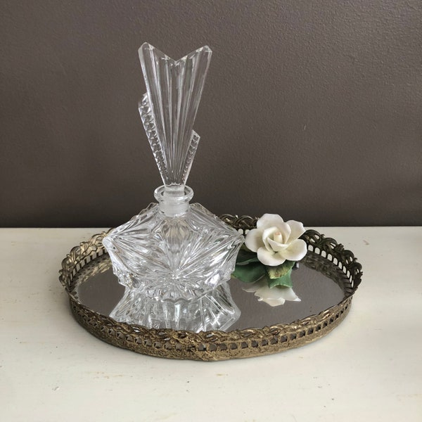 Vintage Crystal Perfume Bottle, Art Deco, Vanity Tray Decor, Fancy Cut Glass, Collectible, Gift for Her