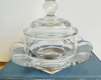 Antique Heisey Glass Plain Band Covered Butter Dish with Lid and Scalloped Underplate, Signed Diamond H, Victorian Cloche