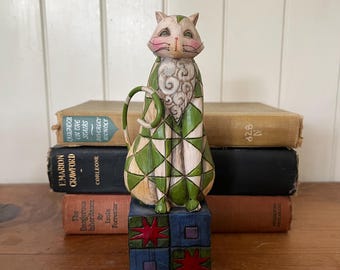 Vintage Jim Shore Heartwood Creek "Felicity" Cat Figurine 2003 | Enesco Folk Art Green Patchwork Quilt Pattern Cat Statue | Collectible