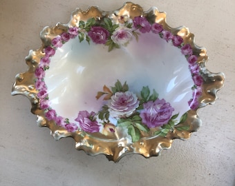 Antique Floral Tray Dish / Austrian Bowl, Unique Shape, Scalloped Edge / Vanity Tray, Decorative Catch All