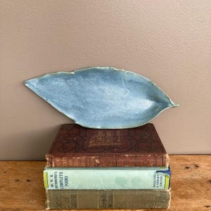 May include: A light blue ceramic leaf-shaped serving dish. The dish is sitting on top of a stack of four books.