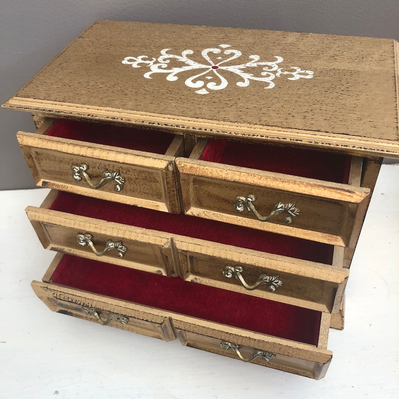 Vintage Florentine Style Wood Jewellery Box Drawers Dresser