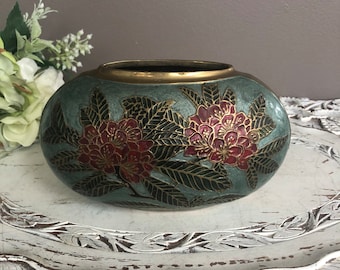 Vintage Brass Cloisonné Vase, Planter, Floral, Enamelled, Boho, Gift for Her, Wide Oval Shape