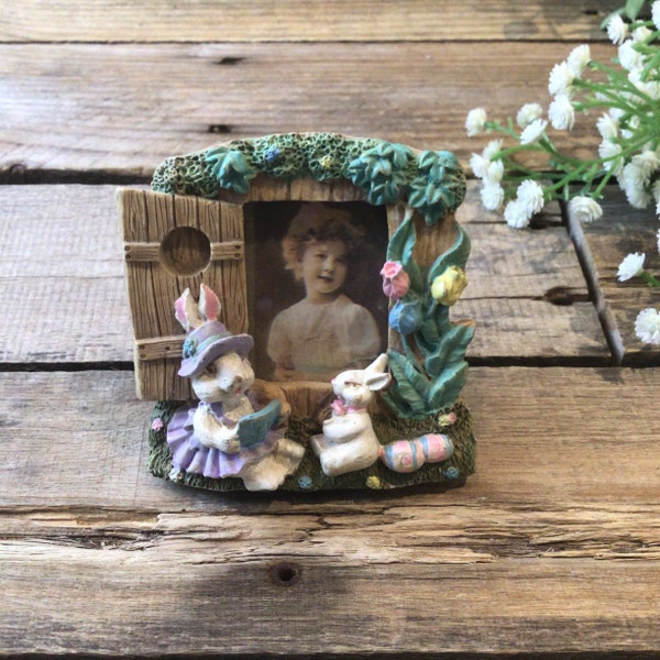 Vintage Easter Photo Frame, Bunny Rabbit Spring Tulip Garden Flowers/ Standing Small Picture Frame, Victorian Girl Portrait Print