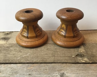 MCM Vintage Turned Wood Candle Stick Holders, Retro Mid Century Modern, Boho Decor