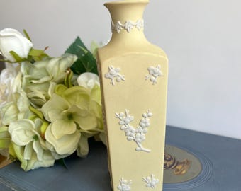 Vintage Wedgwood Primrose Yellow Jasperware Bud Vase | White Prunus Blossom Relief Square Vase | Made in England
