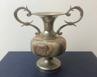 Vintage Onyx Miniature Vase / Candle Stick Holder, Italy, Natural Stone, Greek Amphora Style