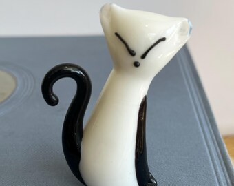 Vintage Murano Style Hand Blown Art Glass Cat Figurine - Mid Century Modern Black and White Kitten, Miniature Minimalist Sculpture