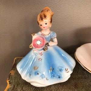 Vintage JOSEF ORIGINALS April Diamond Birthstone Collection Figurine, Blue Dress, Pink Rose Flower Girl, Birthday Gift for Her
