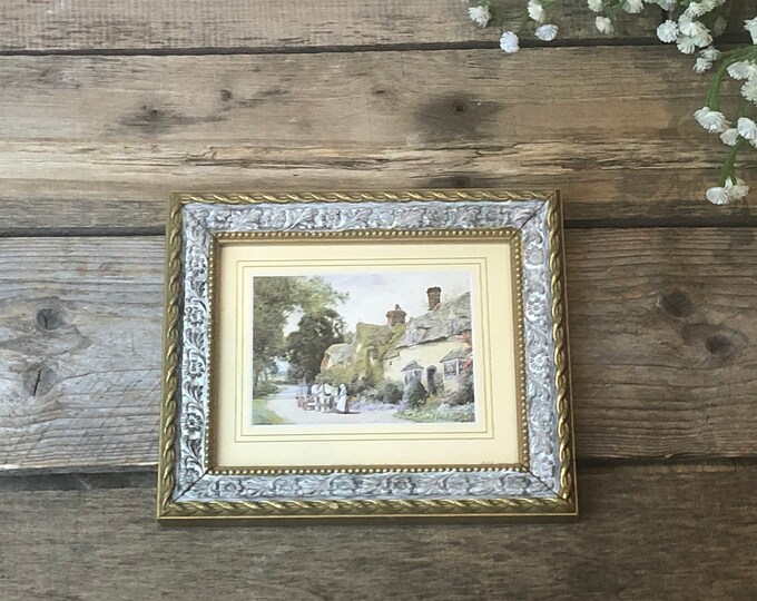 Vintage Framed Landscape Art / Gold Frame, England Country Cottage Garden Scene Horse and