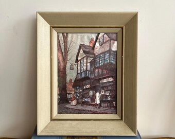 Vintage Ernest Uden Foil Art Lithograph, Framed English Bookshop & Library Village Scene, Mid Century Metallic Foil Print, Academia Cottage