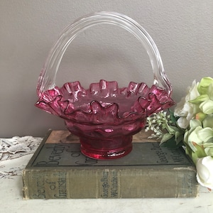 Vintage Fenton Cranberry Glass Basket With Handle, Ruffled, Bowl, Hand Blown, Collectible Art Glass, Gift Idea