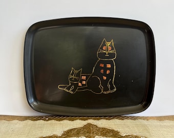 Vintage Couroc of Monterey Cat Serving Tray | MCM Phenolic Black Resin Barware Platter | Mid Century Modern California Art Hand Inlay Kitsch
