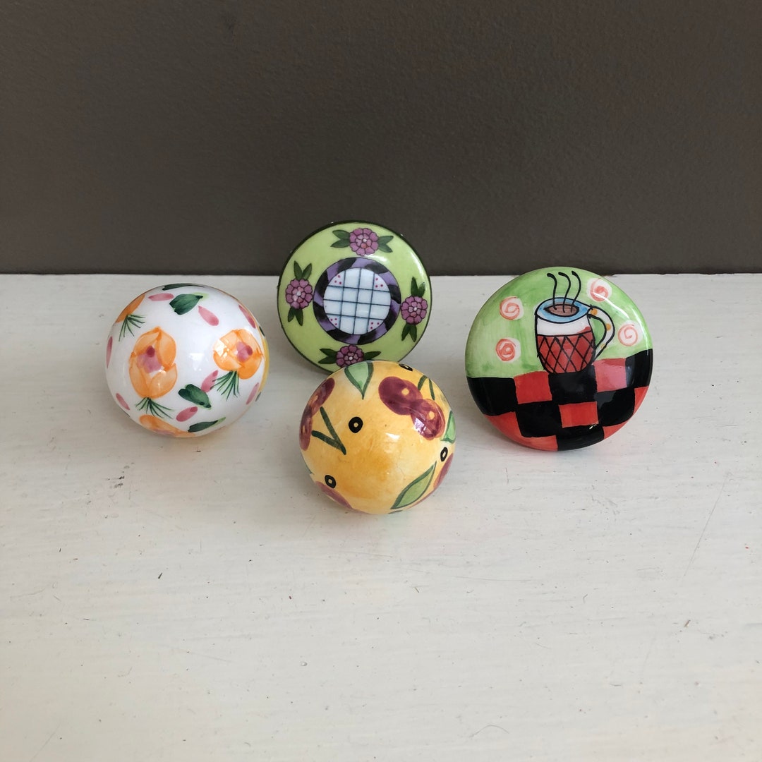 Vintage Porcelain Drawer Pulls, Set of Four Unique Colorful Patterns