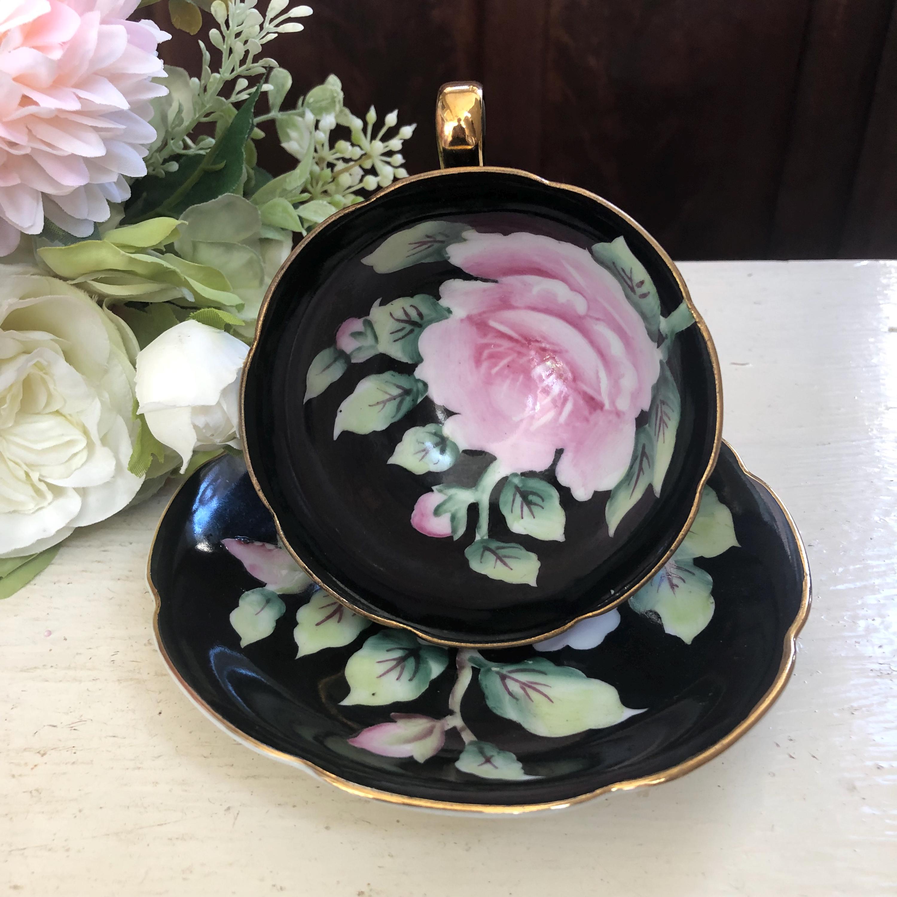 Vintage 1940s Pink and Black Floral Teacup and Saucer, Hand