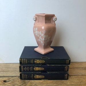 Vintage Roseville Pottery Pink White Floral Art Deco Handled Vase