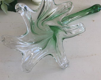 Vintage Murano Style Art Glass Flower Sculpture, Green and Clear, Floral Decor, Gift For Her