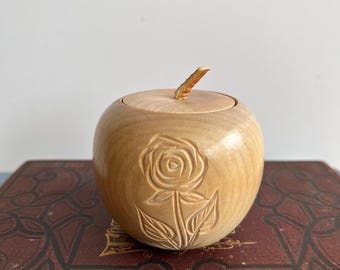 Vintage Noel Guay Hand Carved Wooden Apple Trinket Box with Rose Motif, Quebec Folk Art, Saint-Jean-Port-Joli Wood Carving, Signed