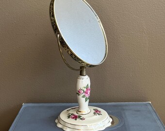 Vintage Rose Porcelain Tabletop Vanity Mirror | Double-Sided Swivel and Magnifying Makeup Mirror | Shabby Cottagecore Boudoir Decor