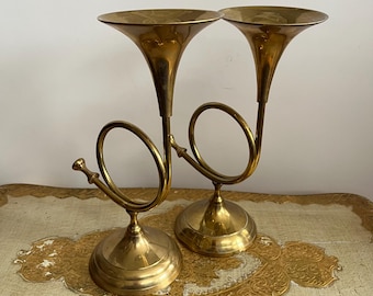 Vintage Brass Horn Candlestick Holders - Set of 2, Mid Century Solid Brass French Horn Bugle Candelabras, Boho Chic Regency Home Decor