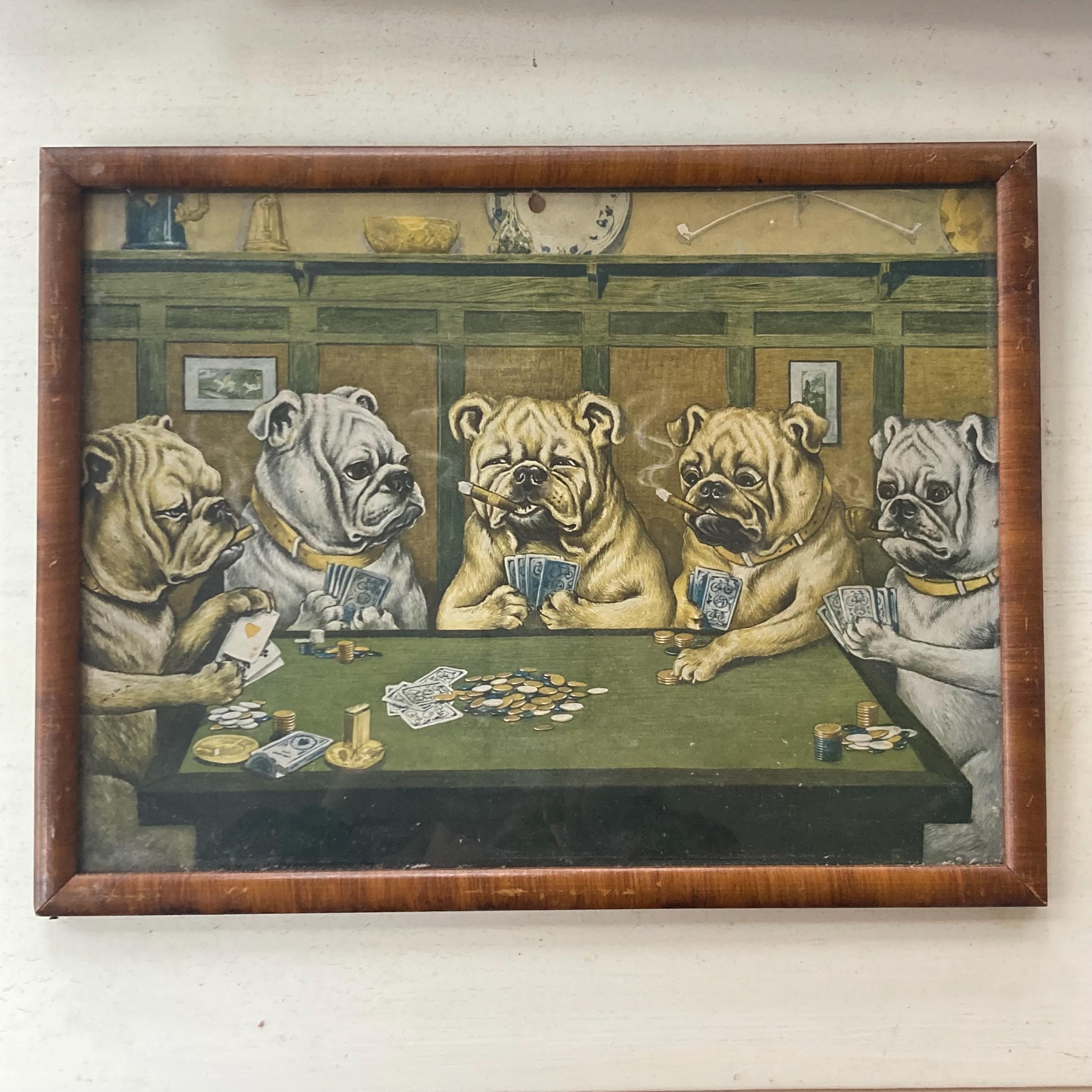 Vintage Framed Art Print Bulldogs Playing Poker, Smoking Cigars