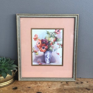 Vintage Framed Floral Art Print, Gold Gilt Frame, Floral Still Life Arrangement, 1950s, Pink Matte