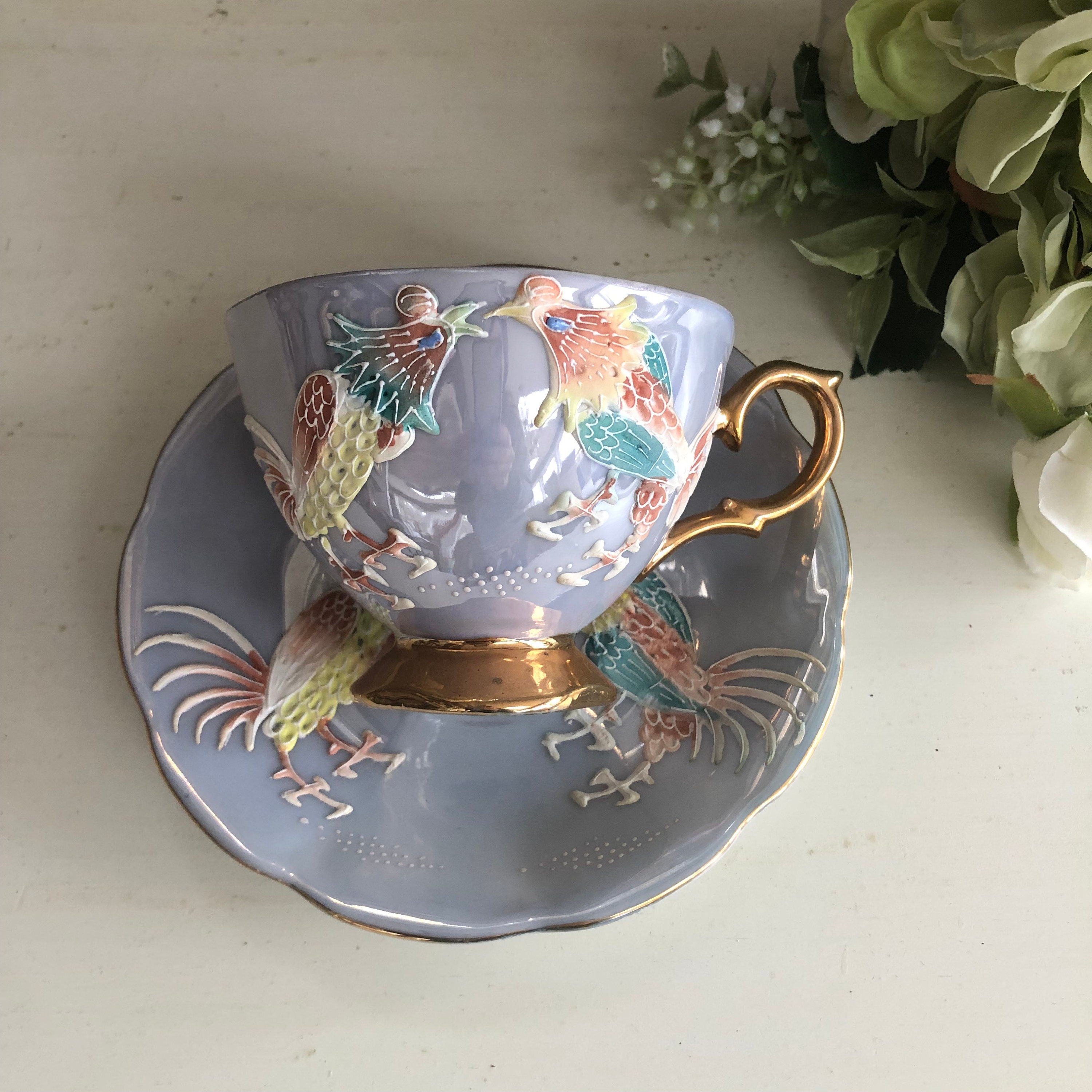 【国内正規品】 Rooster Moriage Japan Shafford Vintage Teacup Saucer and 人形