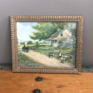 Antique Gold Framed Art, Lithograph, Pastoral Landscape, Country Farmhouse Scene,Horse and Carriage, Dog, Sheep, Winding Road