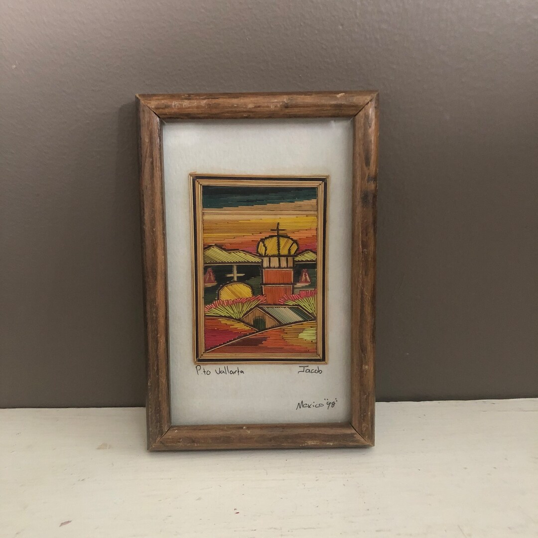 Vintage Mexican Straw Art, Original, Signed, Cityscape Scene, Colorful