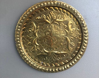 Vintage Brass Plate / Wall Hanging, Round Tray, Etched, Hammered, Boho, Wall Collage Art
